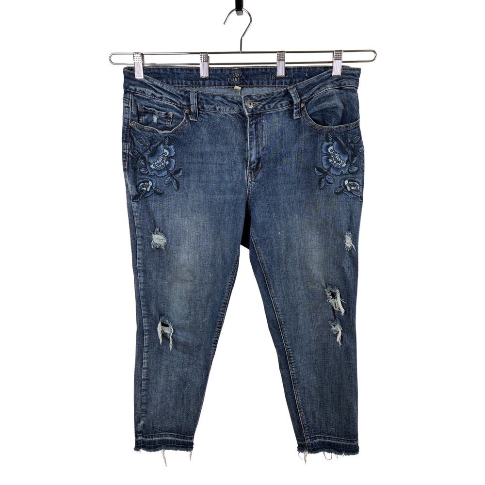 True Craft Embroidered Distressed Ankle Jeans Women's‎ 18 Floral Raw Hem Denim